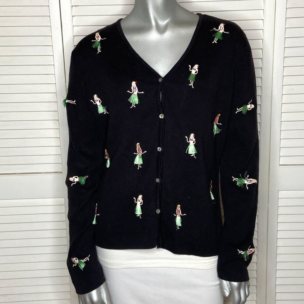 Vintage 00s ALEXANDRA BARTLETT Black Embroidered HULA Dancer Cardigan Sweater L